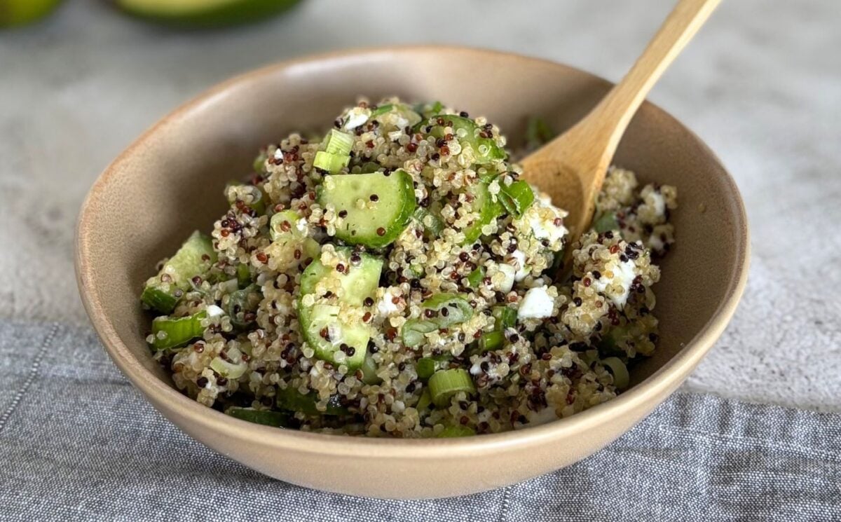 A quinoa and feta salad made with entirely dairy-free ingredients