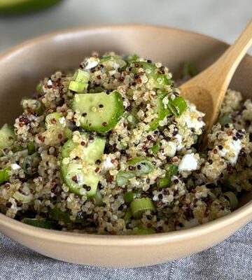 A quinoa and feta salad made with entirely dairy-free ingredients