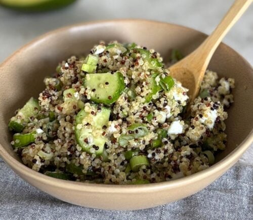 A quinoa and feta salad made with entirely dairy-free ingredients
