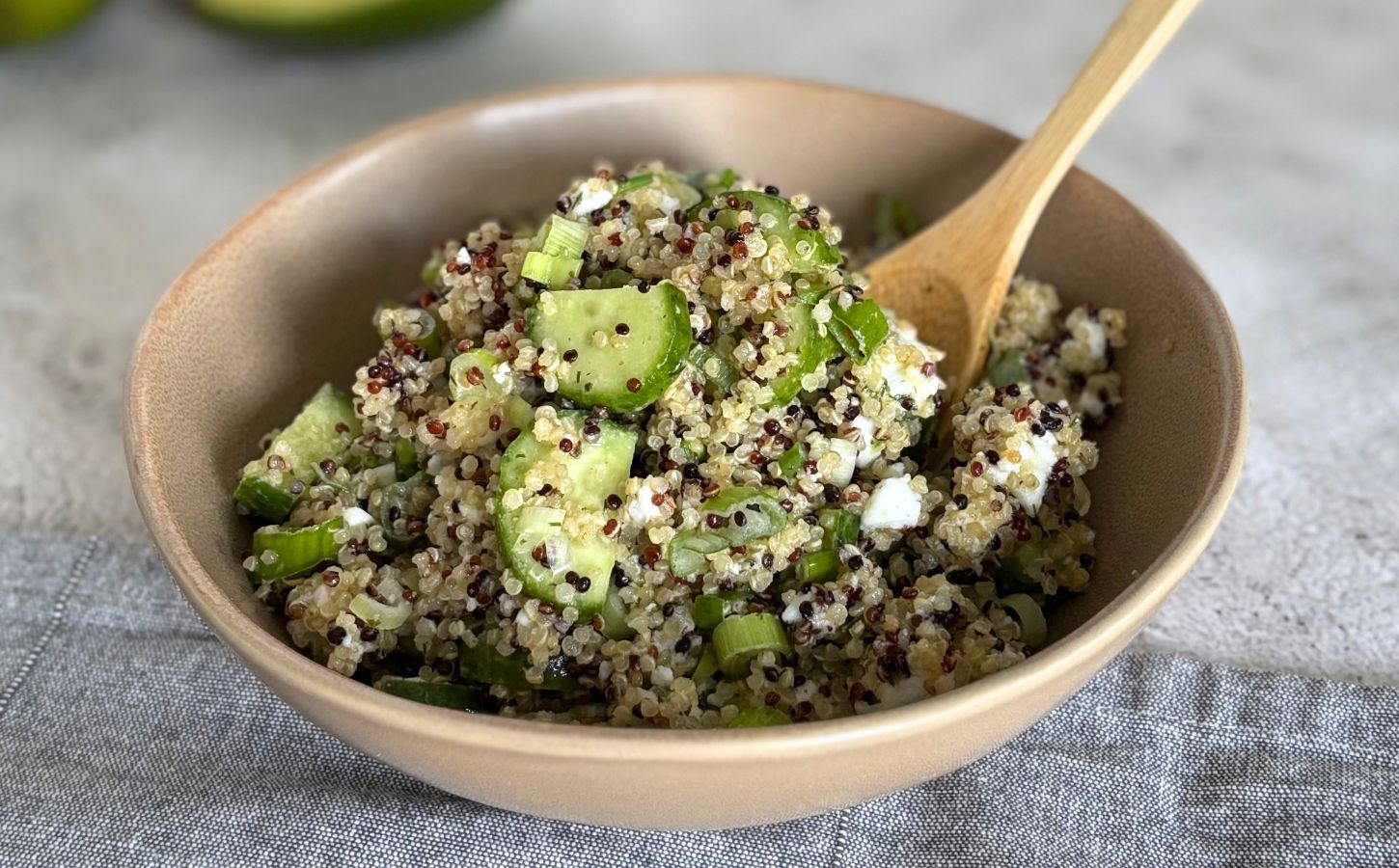 A quinoa and feta salad made with entirely dairy-free ingredients