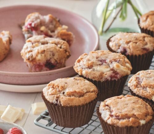 vegan raspberry and white chocolate muffins on a cooling rack in rows for vegan muffin recipes