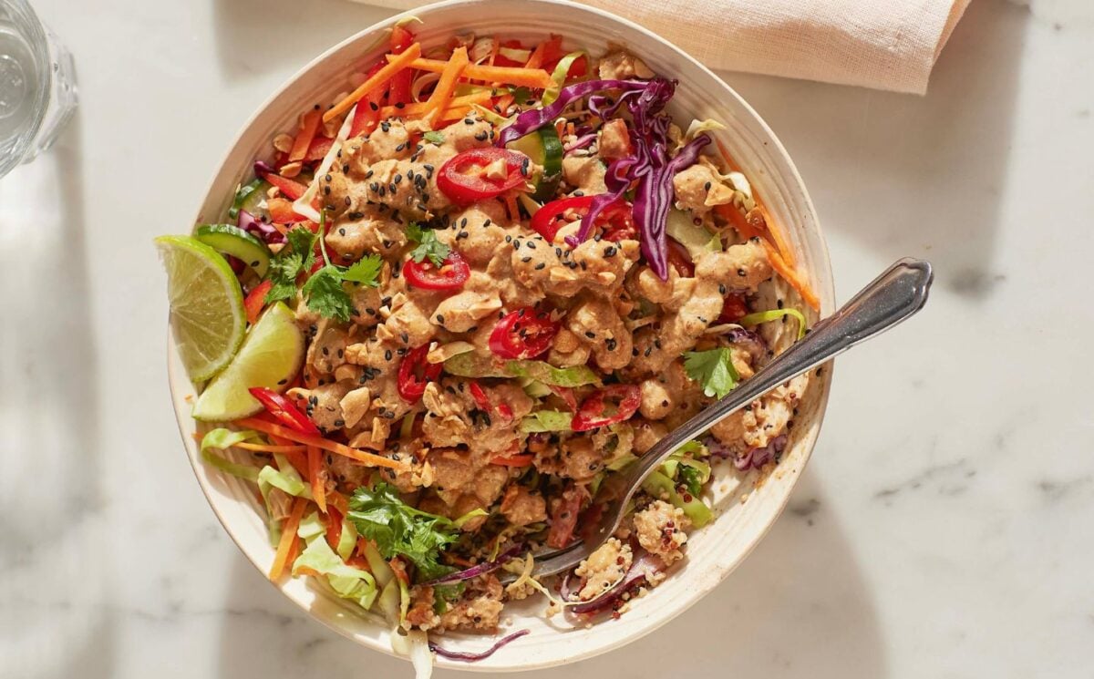 satay chickpea and quinoa salad with veggies and lime for vegan dinners where chickpeas are the star of the show