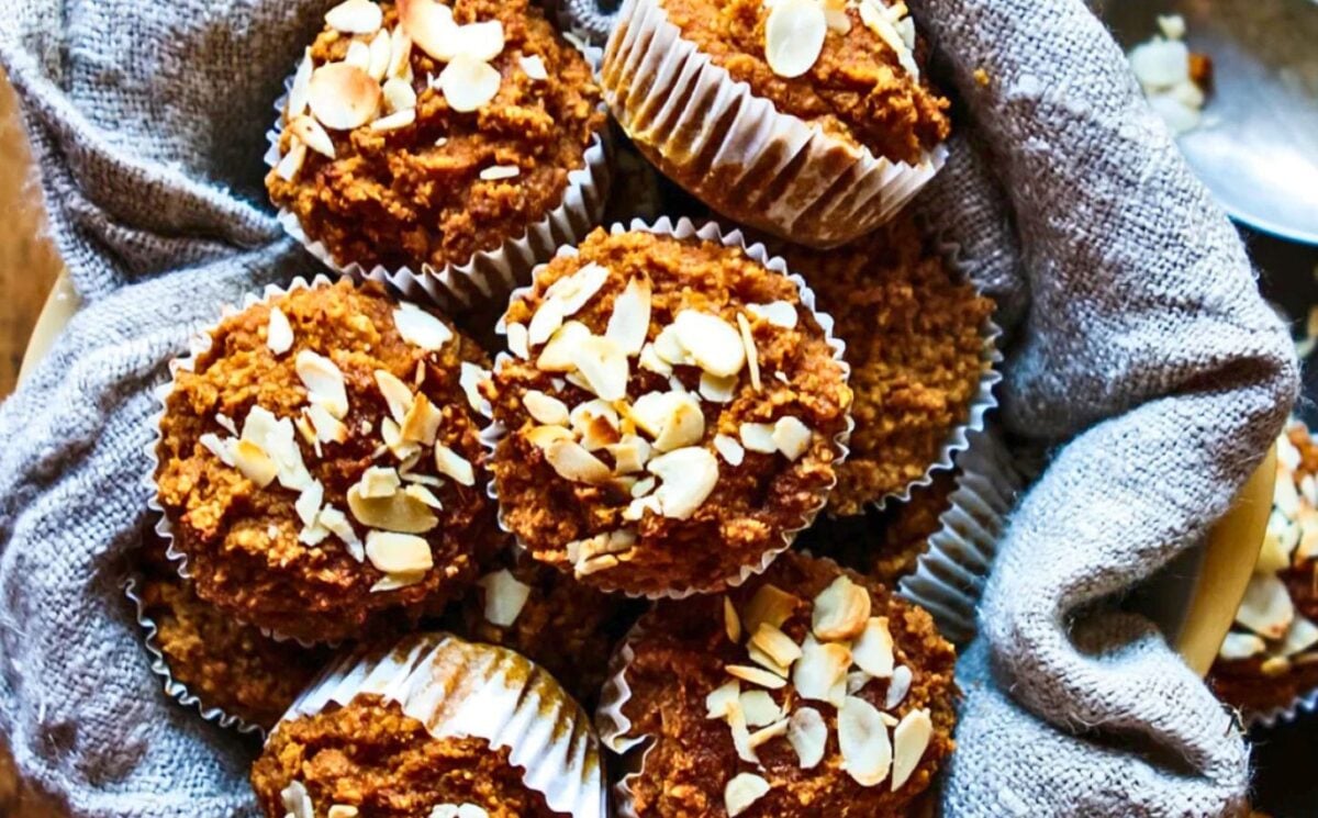 spiced pumpkin muffins with peanut butter frosting
