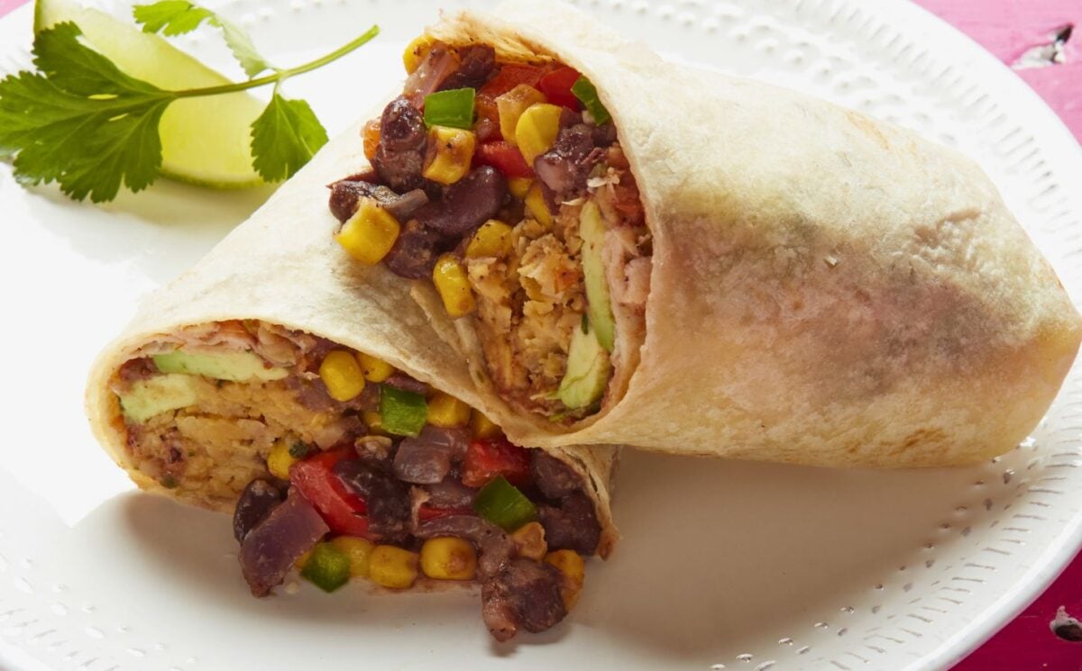 a vegan spicy southwestern breakfast burrito with beans and chickpeas