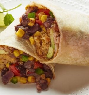 a vegan spicy southwestern breakfast burrito with beans and chickpeas