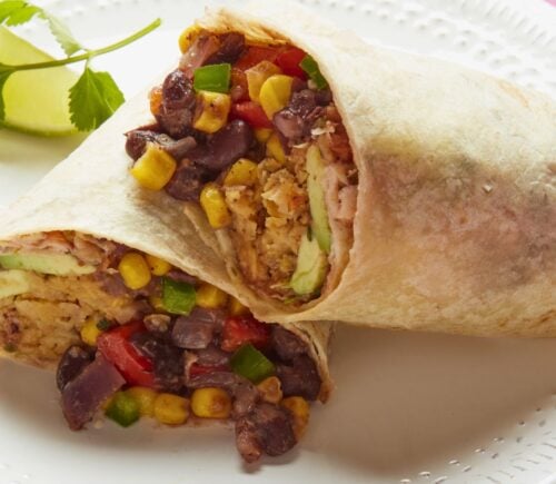 a vegan spicy southwestern breakfast burrito with beans and chickpeas