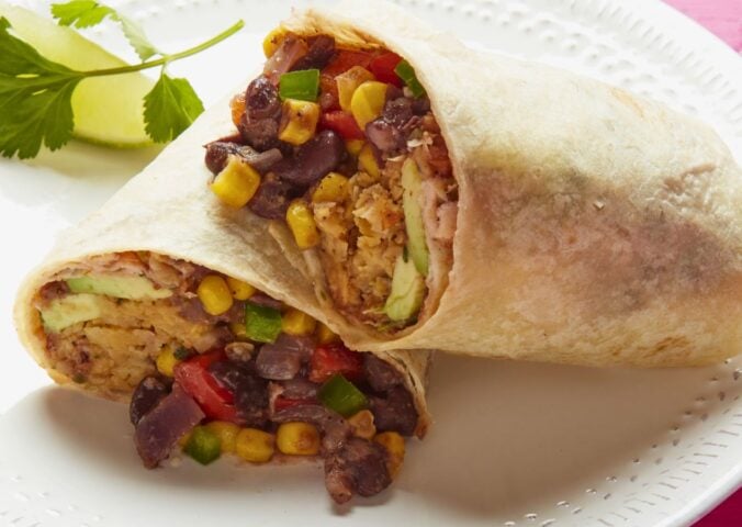 a vegan spicy southwestern breakfast burrito with beans and chickpeas