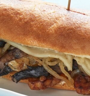 The Philly vegan cheesesteak made with high-protein tempeh, smoked mushrooms, and onions