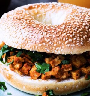 tofu taste cubes on a seeded bagel