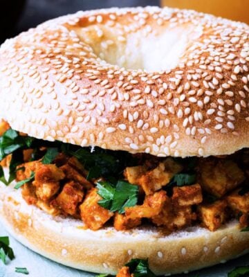 tofu taste cubes on a seeded bagel