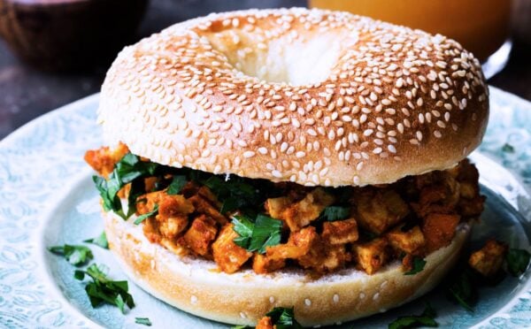 tofu taste cubes on a seeded bagel