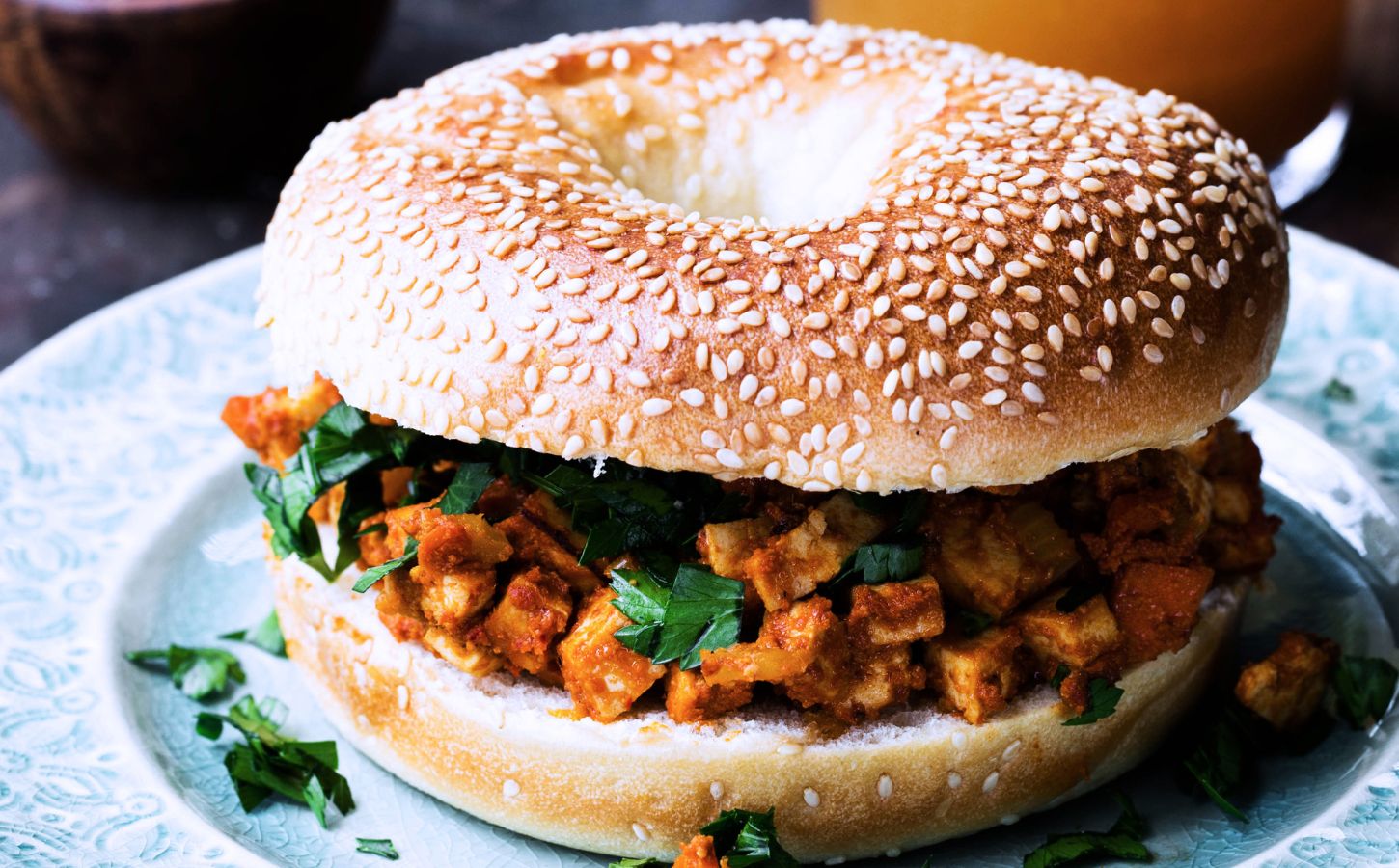 tofu taste cubes on a seeded bagel