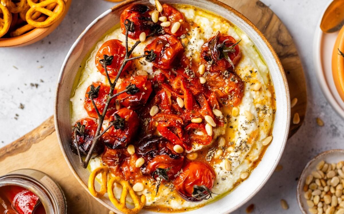 A vegan whipped feta dish with slow-roasted tomatoes for vegan feta recipes
