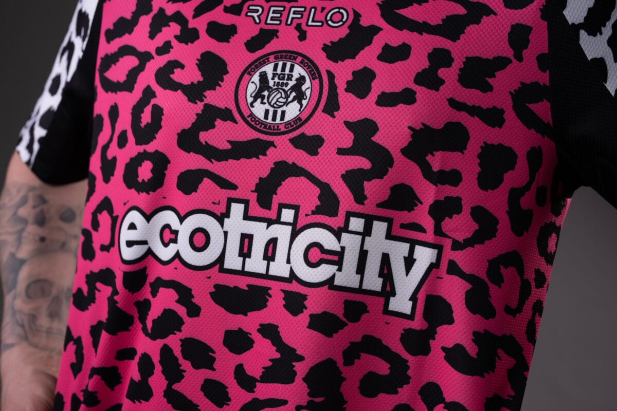 Photo shows the front of the new Forest Green Rovers vegan football kit in away pink