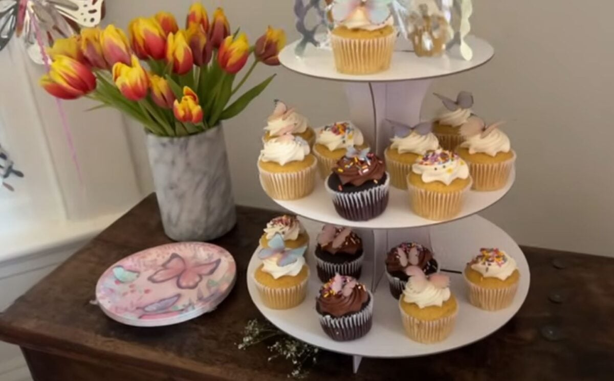 A layout of tulips, vegan cupcakes, and butterfly plates for a kids vegan birthday party
