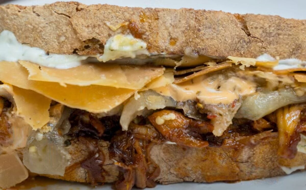 A vegan pulled pork sandwich made with all plant-based ingredients