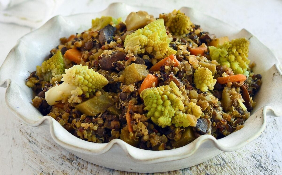 veggie-packed lentil quinoa stew with mushrooms, beets, and carrots