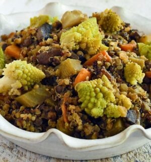 veggie-packed lentil quinoa stew with mushrooms, beets, and carrots