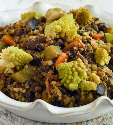 veggie-packed lentil quinoa stew with mushrooms, beets, and carrots