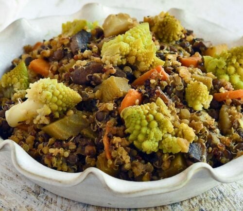 veggie-packed lentil quinoa stew with mushrooms, beets, and carrots