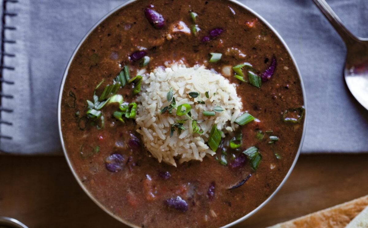 weeknight red beans and rice with Cajun flavoring in a bowl