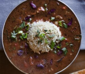 weeknight red beans and rice with Cajun flavoring in a bowl