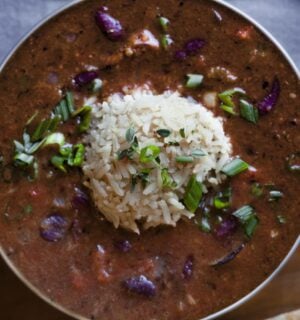 weeknight red beans and rice with Cajun flavoring in a bowl