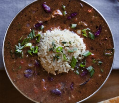 weeknight red beans and rice with Cajun flavoring in a bowl