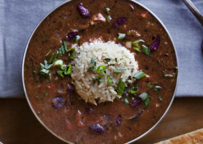 weeknight red beans and rice with Cajun flavoring in a bowl