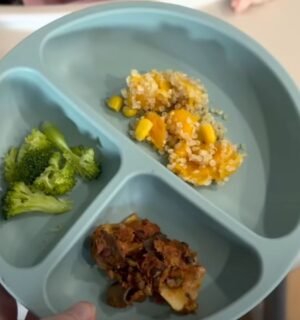 A mother serving her vegan baby plant-based food