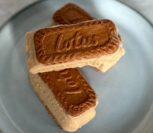 a plate of small biscoff ice cream sandwiches stacked on one another