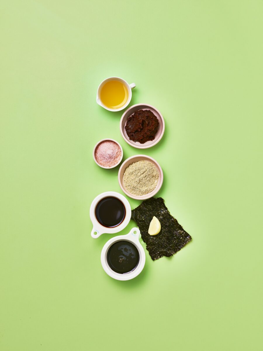 no-fish sauce with soy sauce, nori seaweed, and salt or with additions like miso, garlic, and mushroom