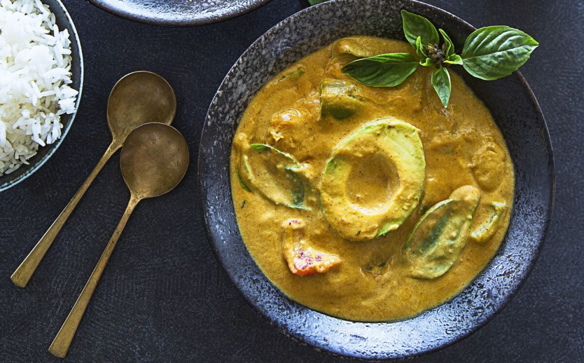 this Thai avocado green curry uses Thai basil and green curry paste