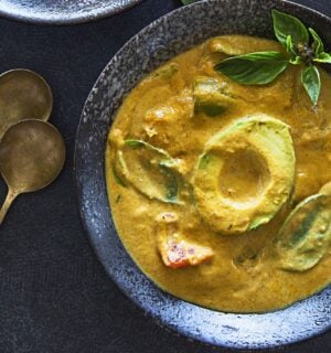 this Thai avocado green curry uses Thai basil and green curry paste