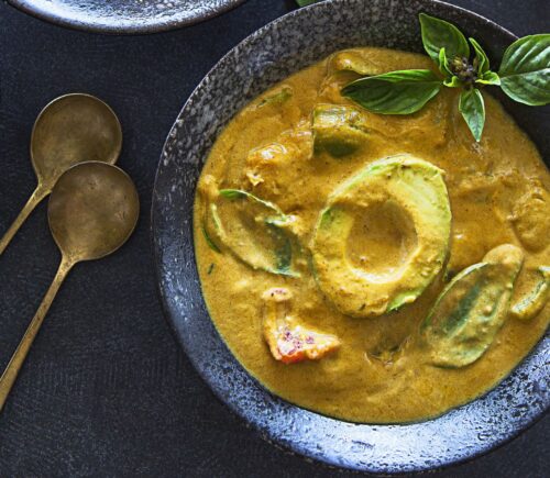 this Thai avocado green curry uses Thai basil and green curry paste