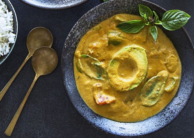 this Thai avocado green curry uses Thai basil and green curry paste