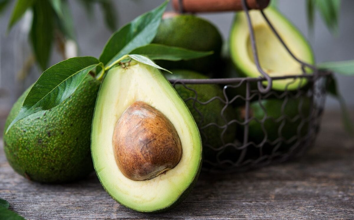 A basket of avocados, including a close-up of an avocado half