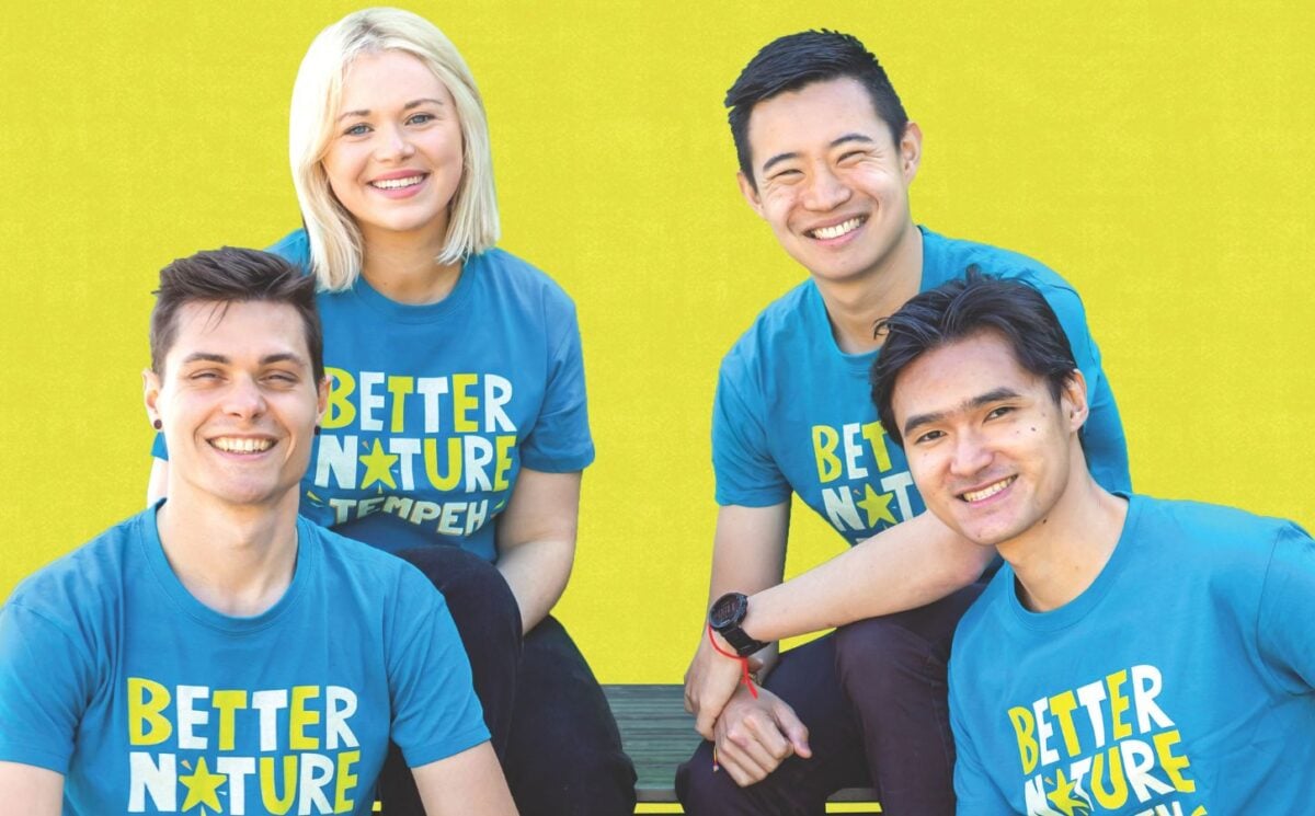 Photo shows the Better Nature co-founders wearing matching t-shirts bearing the brand's name and logo
