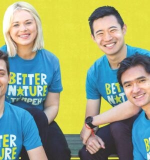 Photo shows the Better Nature co-founders wearing matching t-shirts bearing the brand's name and logo
