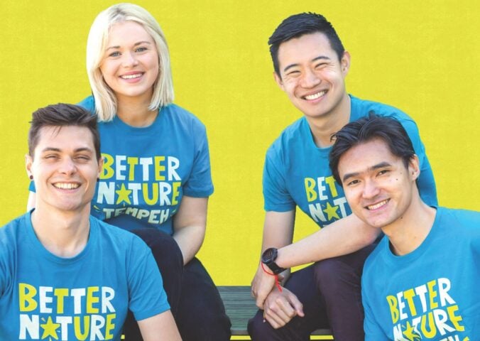 Photo shows the Better Nature co-founders wearing matching t-shirts bearing the brand's name and logo