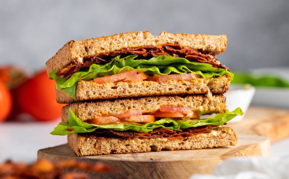 a picture of a carrot bacon BLT with carrot bacon and vegan mayo for vegan lunchbox ideas kids will love