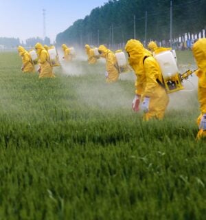 Photo shows a line of people in bright yellow protective gear spraying crops with pesticides