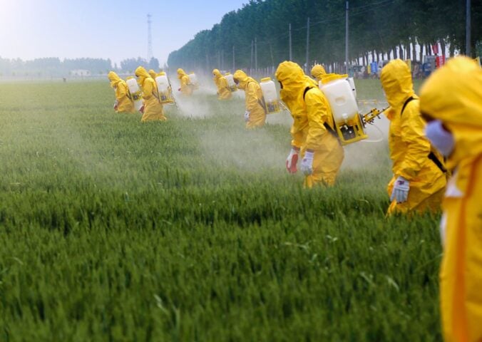 Photo shows a line of people in bright yellow protective gear spraying crops with pesticides