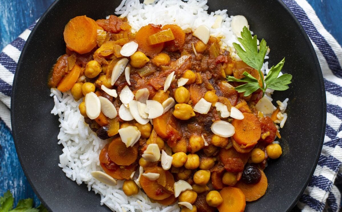 chickpea Moroccan stew with almonds and dried cherries