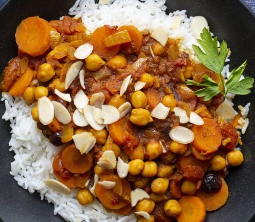 chickpea Moroccan stew with almonds and dried cherries