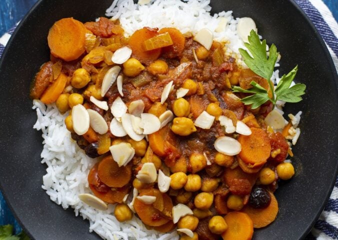 chickpea Moroccan stew with almonds and dried cherries