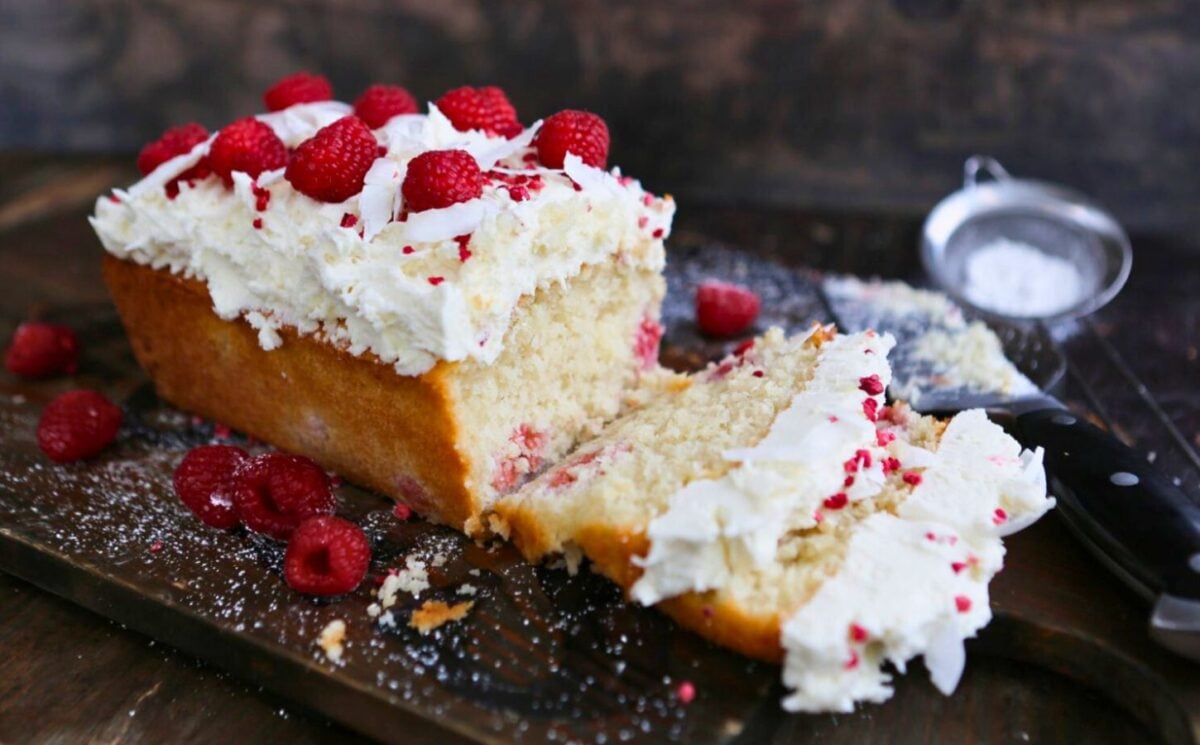 coconut and raspberry cake with white chocolate icing for vegan loaf cake ideas
