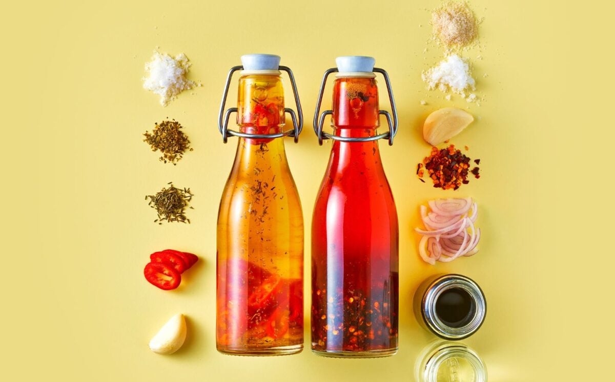 crispy chili oil with soy sauce, rice vinegar, salt, and sugar