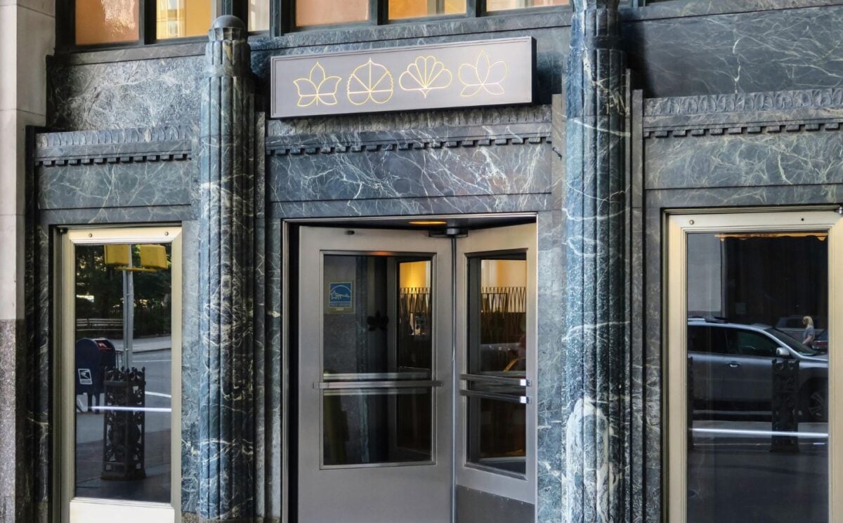 The outside entrance of vegan restaurant Eleven Madison Park in NYC