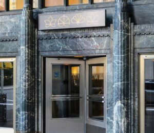 The outside entrance of vegan restaurant Eleven Madison Park in NYC